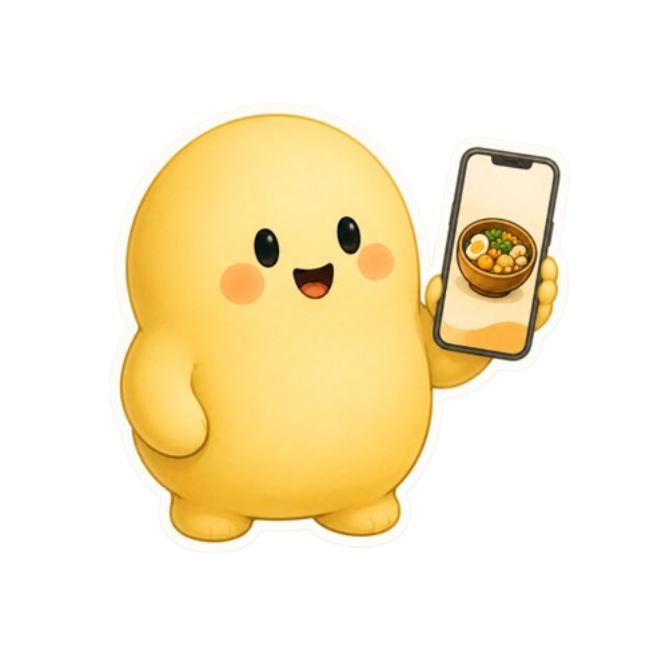 Dodeez mascot holding a phone showing a saved bowl of food